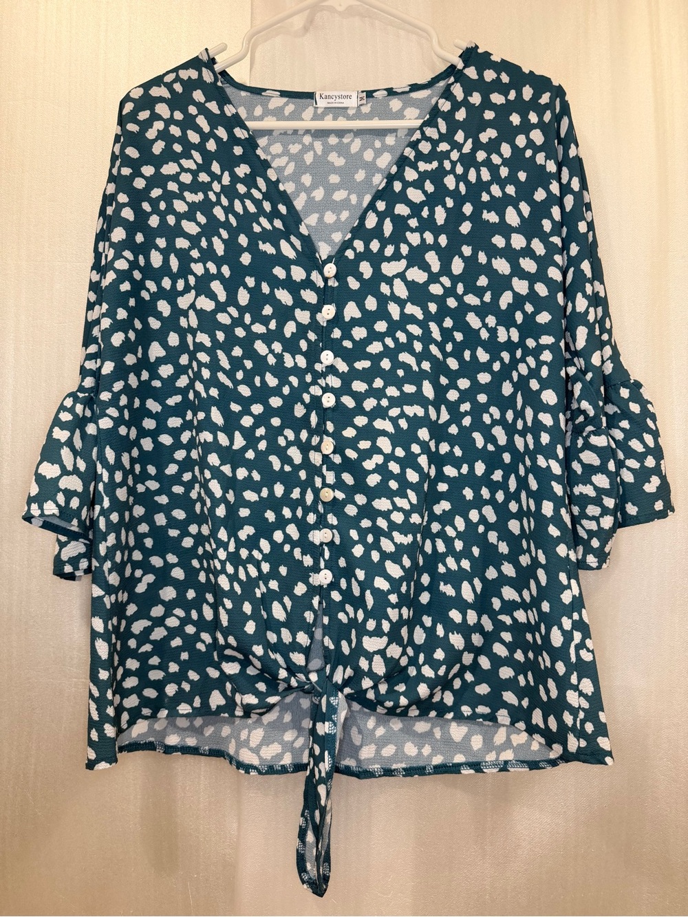 Kancystore Teal Abstract Polka Dot Button Up Tie Front Ruffle Sleeve Blouse M